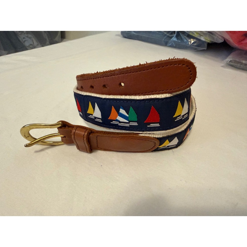 Preston Leather Products Sailboat Ribbon Belt Navy Brown Leather Brass Size 32